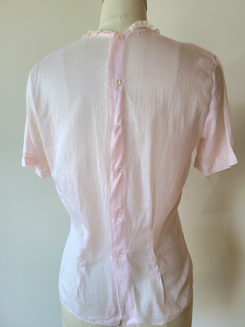 50's sheer lace blouse/ pink cotton fitted button back blouse with lace / by Patty Woodard of California size XS image 8