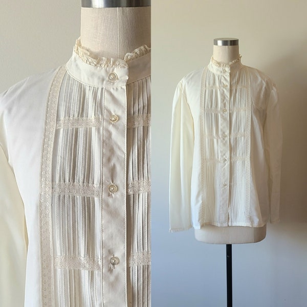 80's tucked front blouse /ivory high collar blouse /  poet blouse / tuxedo blouse / romantic blouse / Secretary blouse /by Lucky Me  size M