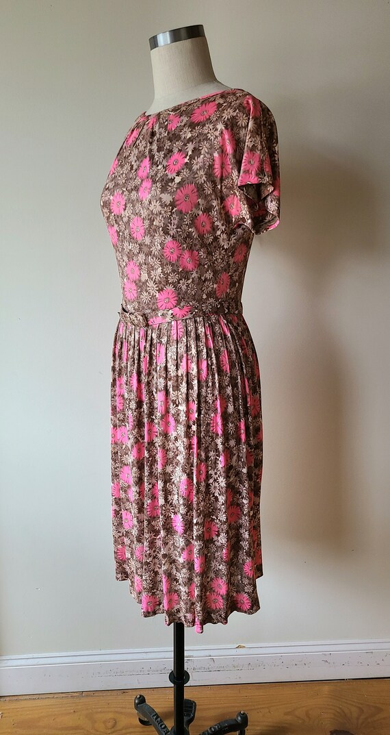 50s-60s nylon floral dress/ shirtwaist dress/ bel… - image 4