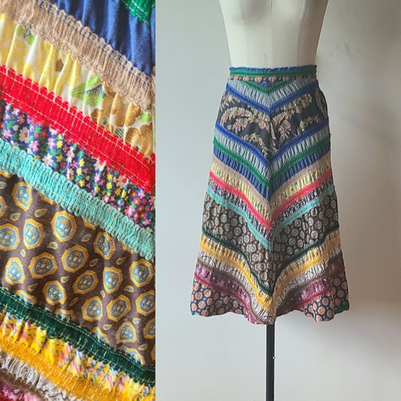 70's patchwork skirt / chevron calico patchwork pe