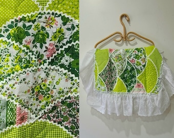 60s-70s NOS patchwork Pillow sham / pink and green eyelet ruffled pillow sham / cottagecore/ calico patchwork bedding