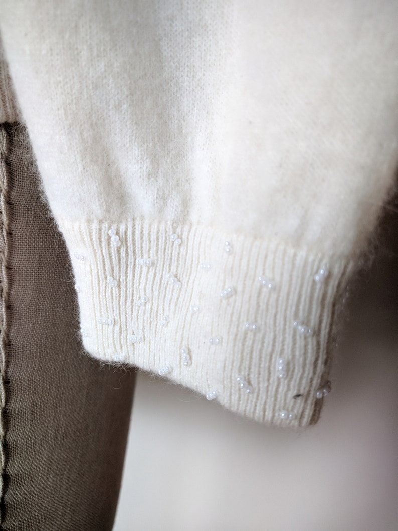 50/'s beaded sweater lambs wool off white beaded cutwork cardigan sweater by Contemporary Classics size smallmedium