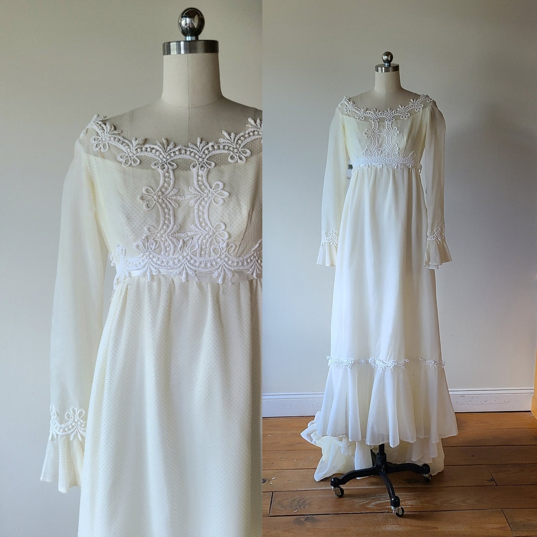 60s Swiss Dot Wedding Dress With Train / Ivory Juliet Empire Waist