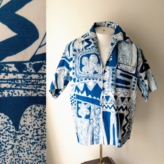 50's Kamehameha shirt/ barkcloth Hawaiian zip fron