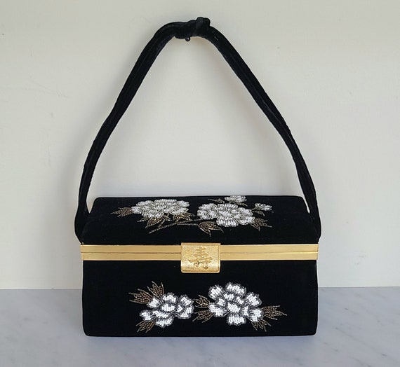 50's box purse / Japan Art Industries black velve… - image 2