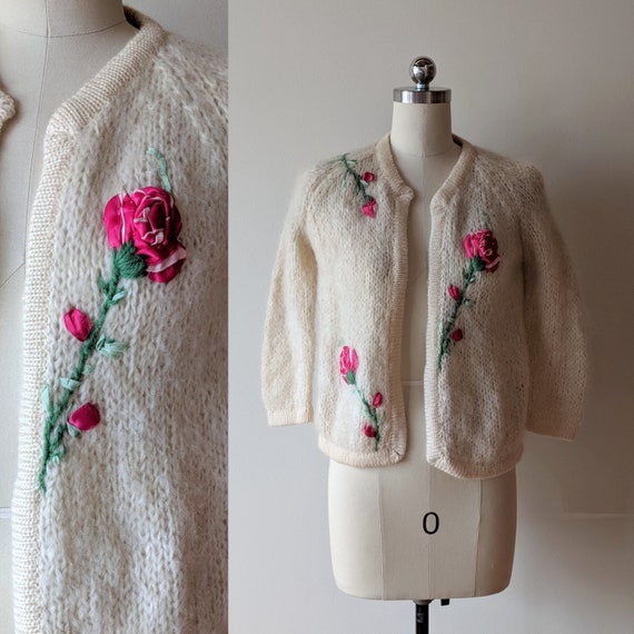 50's mohair applique sweater / sweater with roses