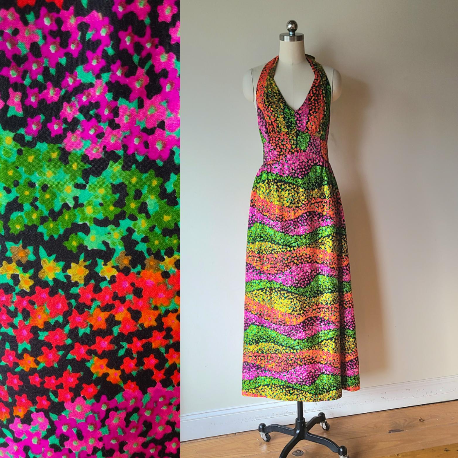 70's halter maxi dress / flower power halter dress / boho hippie halter dress / size extra small