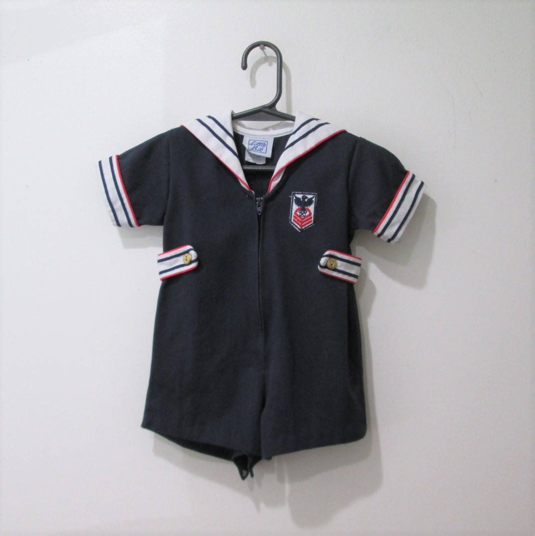 Vintage US Navy zip front sailor romper with US Navy Patch by Little Bit size 12 months
