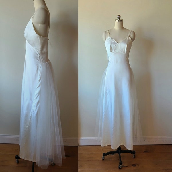 50's Wedding dress slip dress / white slinky dress with tulle train / strappy slinky minimalist long gown  /  size XS
