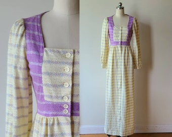 70's Anastasias SF maxi dress / cotton knit hippie peasant dress / dirndl maxi dress/ purple prom dress  size XS