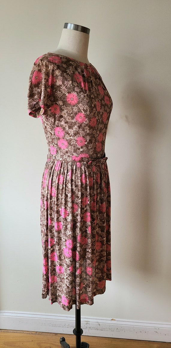 50s-60s nylon floral dress/ shirtwaist dress/ bel… - image 6