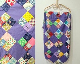 Vintage 1960s purple small print fabric 4 square patchwork quilt top; cutter craft quilt flower power
