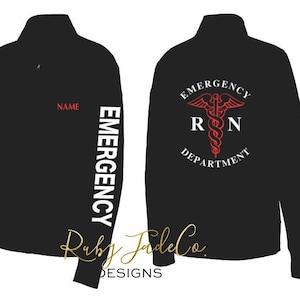 May include: Black jacket with a white "EMERGENCY" print on the sleeve and a red medical symbol with "EMERGENCY RN DEPARTMENT" text on the back.