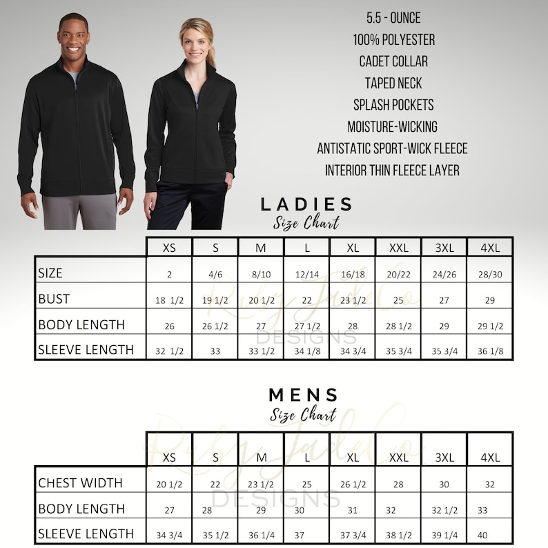 K&ouml;nnte beinhalten: Gr&ouml;&szlig;entabelle f&uuml;r eine schwarze Fleecejacke. Die Tabelle zeigt die Ma&szlig;e in Zoll f&uuml;r Brustumfang, K&ouml;rperl&auml;nge und &Auml;rmell&auml;nge f&uuml;r die Gr&ouml;&szlig;en XS bis 4XL. Die Tabelle enth&auml;lt auch Informationen &uuml;ber die Stoffzusammensetzung und die Eigenschaften der Jacke, wie z. B. 100 % Polyester, Kadettenkragen, Klebeband am Kragen, Spritzschutz-Taschen, feuchtigkeitsableitend, antistatisches Sport-Wick-Fleece und eine d&uuml;nne Fleece-Innenschicht.
