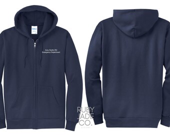 Custom Text Personalized Embroidered, Hoodie with zipper, pockets sweatshirt
