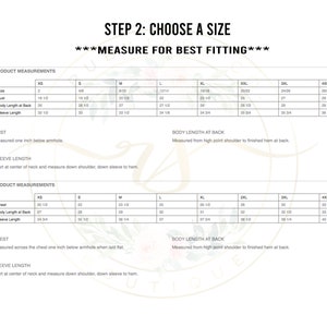 May include: A white chart with product measurements for women and men. The chart includes sizes XS to 4XL, with measurements for bust, body length at back, and sleeve length in inches. The text "STEP 2: CHOOSE A SIZE" is at the top.