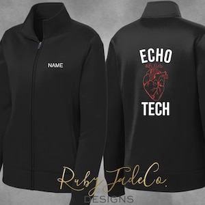 May include: Black fleece jacket with a zipper closure. The left side of the jacket has the word "NAME" embroidered on the chest. The right side of the jacket has the words "ECHO TECH" and a red heart graphic.