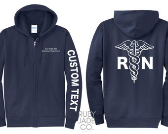 RN Hoodie, Custom Text Personalized Embroidered, Hoodie with zipper, pockets sweatshirt, Gift for nurses, Nursing Sweatshirt