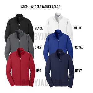 May include: Image showing six zip-up jackets in various colors: black, white, grey, royal blue, red, and navy. The text "STEP 1: CHOOSE JACKET COLOR" is at the top. Each jacket is displayed with its corresponding color name.