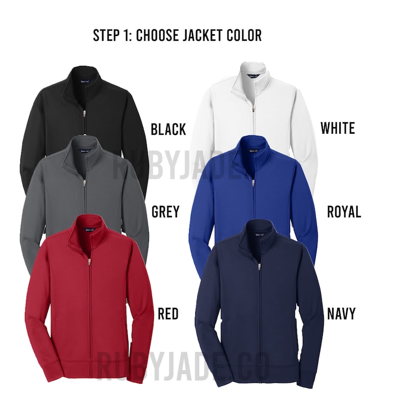 May include: Image showing six zip-up jackets in various colors: black, white, grey, royal blue, red, and navy. The text "STEP 1: CHOOSE JACKET COLOR" is at the top. Each jacket is displayed with its corresponding color name.