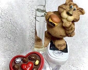 Valentines Day Tiger Munching a Burger and offering a box of Chocolates Bubble Light - Snacking Valentines Day Bubble Lamp - Fun Night Light