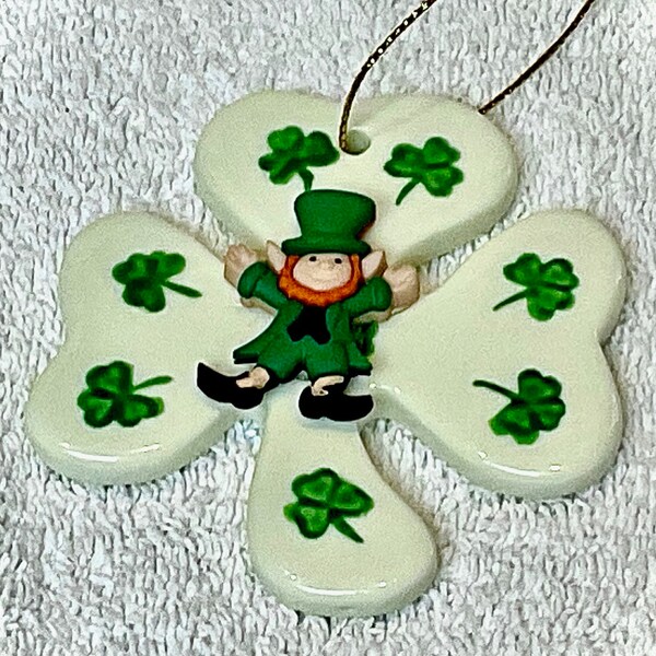 St. Patrick's Day Leprechaun  and Shamrock Ornament - Colorful St. Paddy's Day Leprechaun Hanging Ornament - Irish Holiday Crafted Ornament