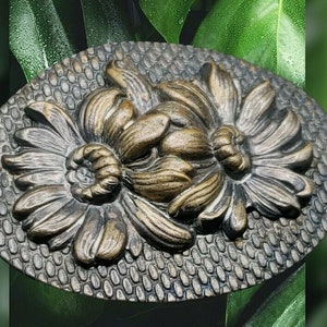Vintage Brass Floral Daisy Large Shield Style Brooch Pin 3 inch