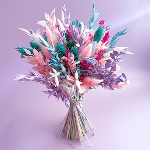 Mermaid Wedding Bouquet, Dried Flower Bridal and Bridesmaid Bouquet, Pink, Purple & Turquoise Pastel Bouquet, Little Mermaid Flowers