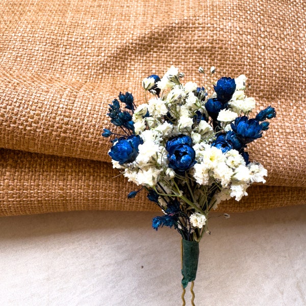 Classic Brightly Navy Blue and White Wedding Dried Flower Hair Pins,  Boho Bridal Hair Piece and Accessories