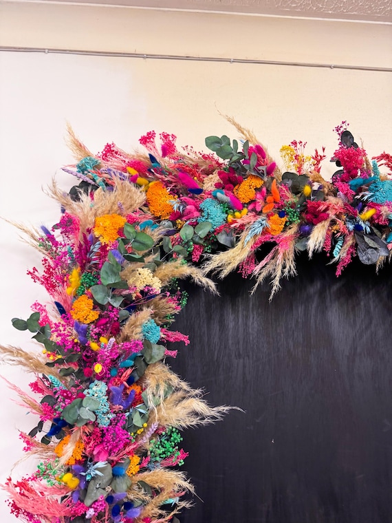 Rainbow Dried Flower Arch: Vibrant Floral Wall Decor