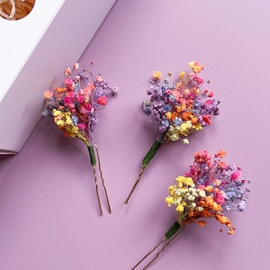 Rainbow Gypsophila Wedding Dried Flower Hair Pins, Colorful Wedding Hair Accessory, Whimsical Bridal & Bridesmaid Hair Piece