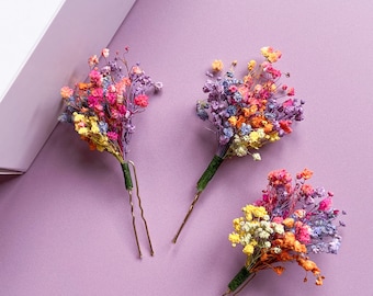 Rainbow Gypsophila Wedding Dried Flower Hair Pins, Colorful Wedding Hair Accessory, Whimsical Bridal & Bridesmaid Hair Piece