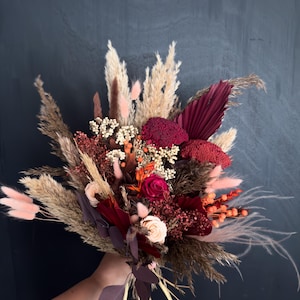Burgundy and Rust Bridal Dried Flower Bouquet | Burgundy Burnt Orange | Wine Bridal Bouquet | Pampa Grass , Dried Flower Bouquet