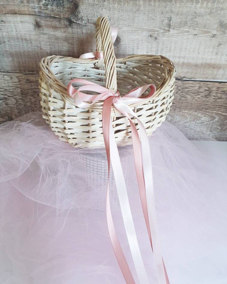 White Flower Girl Basket With Natural Petal Flower Girl Etsy