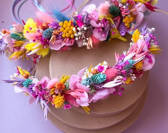 Corona de flores secas de boda arco iris para novias y damas de honor y niña de flores, diadema de accesorios para el cabello de boda boho caprichosa, corona para el cabello