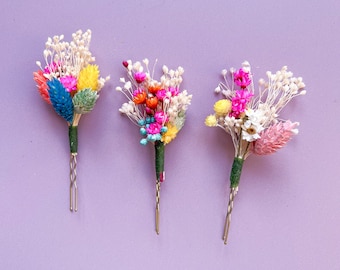 Rainbow Wedding Dried Flower Hair Pins, Colourful Wedding Hair Accessory, Whimsical Bridal & Bridesmaid Hair Piece, Boho Wedding Flowers