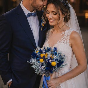 Ramo de novia de flores secas "Noche estrellada": Flores azules y amarillas