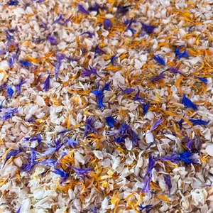 1 litre de mélange biodégradable de pétales de fleurs séchées au jasmin bleu, violet et orange, confettis de mariage respectueux de l'environnement, jasmin, bohème, fantaisiste, moderne