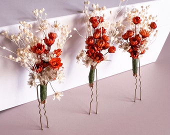 Épingles à cheveux de fleurs séchées de mariage en terre cuite Boho, boutonnière de garçons d'honneur, automne automne, morceau de cheveux de mariée Boho rustique et accessoires