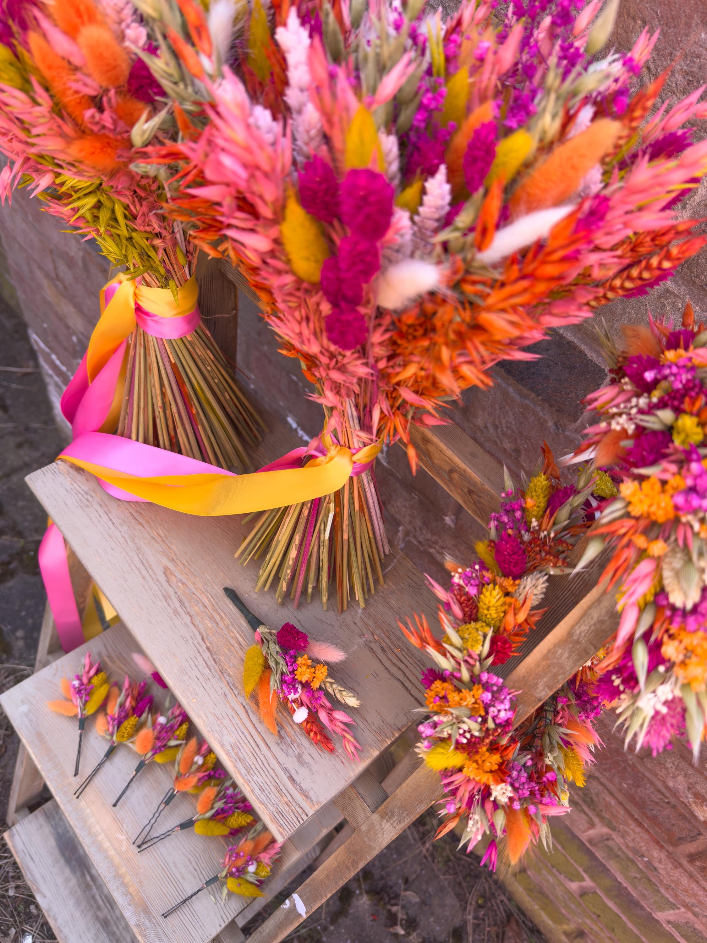 Pink Sunrise Wedding Bouquet, Colourful Dried Flower Bridal & Bridesmaid Bouquet, Colourful Floral Arrangement, Flower Wedding Accessories