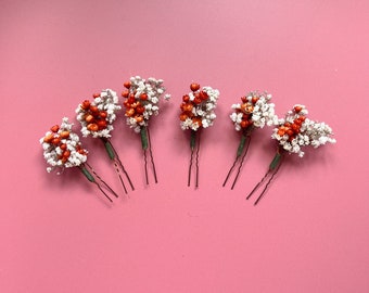 Burnt Orange Wedding Dried Flower Hair Pins, Colourful Wedding Hair Accessory, Whimsical Bridal & Bridesmaid Hair Piece, Rustic Wedding