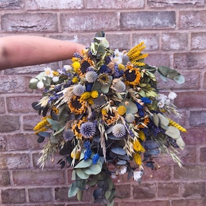 Bridal Dried Flower Bouquet |Sunflower, Thistle, Blue and Natural Flower Bouquet, Wedding bouquet | Boho | Fall wedding, Dried Flowers