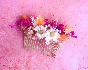 Pink, Orange and Peach Floral Hair Comb for Brides, Bridesmaids & Flower Girls, Boho Wedding Hair Accessories, Natural Bridal Headpiece