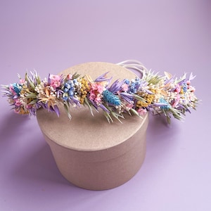 Pastel Rainbow Wedding Dried Flower Crown for Brides & Bridesmaids and Flower Girl,  Whimsical Wedding Hair Accessories Headband, Hair Crown