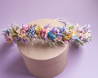 Corona de flores secas de boda arco iris pastel para novias y damas de honor y niña de flores, diadema de accesorios para el cabello de boda caprichosa, corona para el cabello