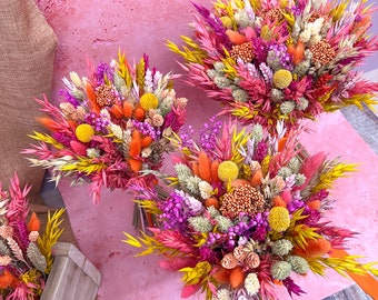 Bouquet de mariée Lever de soleil rose, bouquet de mariée et de demoiselle d'honneur de fleurs séchées colorées, composition florale colorée, accessoires de fleurs de mariage