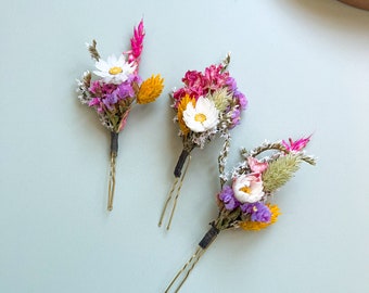 Secret Garden Wedding Dried Flower Hair Pins, Purple, Pink and Yellow Wedding Hair Accessory, Whimsical Bridal & Bridesmaid Hair Piece