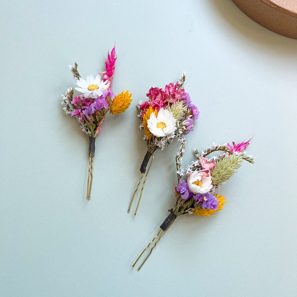 Secret Garden Wedding Dried Flower Hair Pins, Purple, Pink and Yellow Wedding Hair Accessory, Whimsical Bridal & Bridesmaid Hair Piece