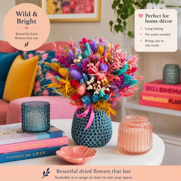 Vibrant Dried Flower Bouquet – Rainbow Flowers – Colourful Rustic Home Décor