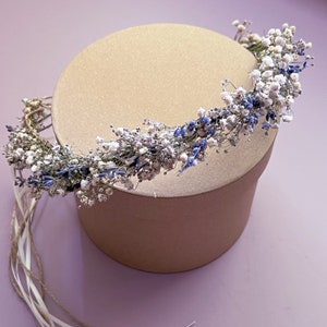 Corona di fiori secchi di nozze di lavanda e gypsophila per spose e damigelle d&#39;onore e damigelle, accessori per capelli da sposa stravaganti, corona di capelli